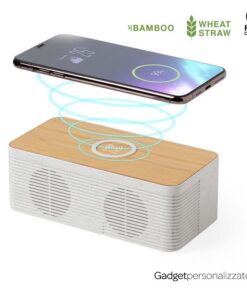 Speaker in fibra di grano e ABS con caricatore wireless in bambù